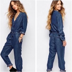 Free People Jean Jumpsuit Lou Blue Denim Long Sleeve Size 0 Blue